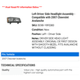 thumbnail image 2 of Left Driver Side Headlight Assembly - Compatible with 2007 Chevy Avalanche, 2 of 2