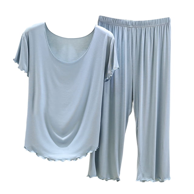 Timegard Ensembles de Pyjamas pour Femmes Été Col Rond Manches Courtes Tee Pantalons Capri Couleur Unie Tenues de Pyjamas