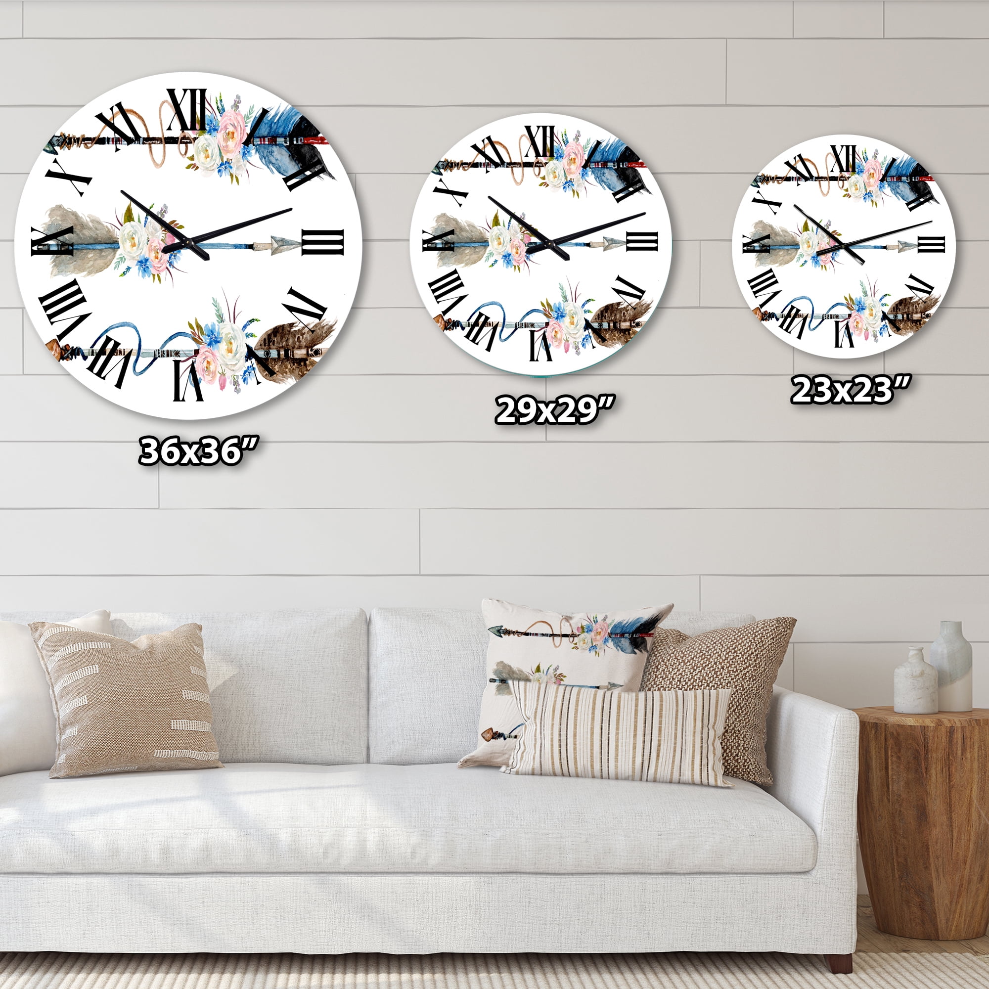 Designart 'Ethnic Feathers And Flowers On Native Arrows I' Bohemian & Eclectic Wall Clock