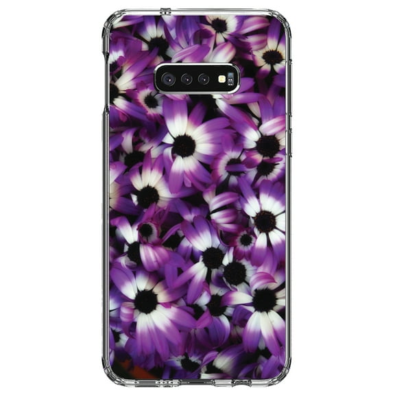 DistinctInk Clear Shockproof Hybrid Case for Samsung Galaxy S10e (5.8" Screen) - TPU Bumper, Acrylic Back, Tempered Glass Screen Protector - Purple White Black Flowers
