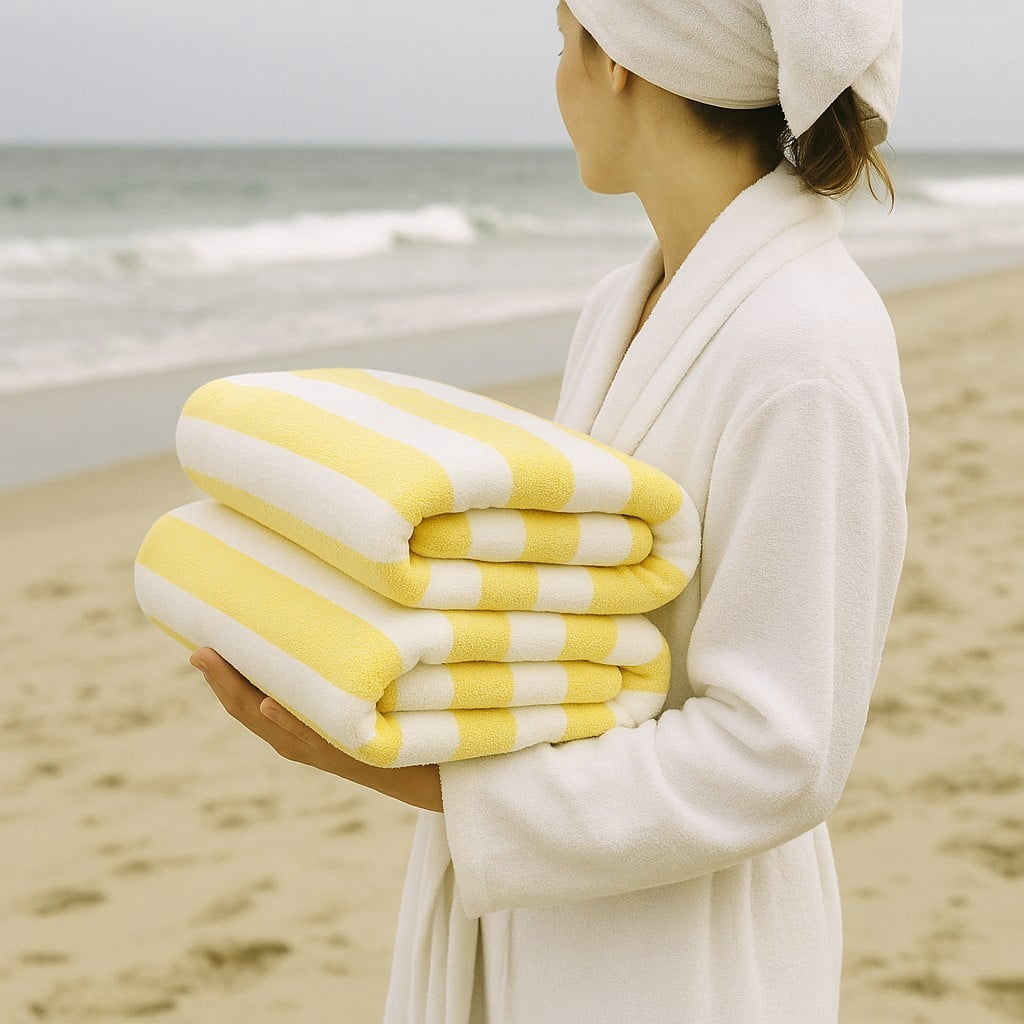 BY LORA Terry Cabana Beach Towels, Yellow White Color, Set of 4