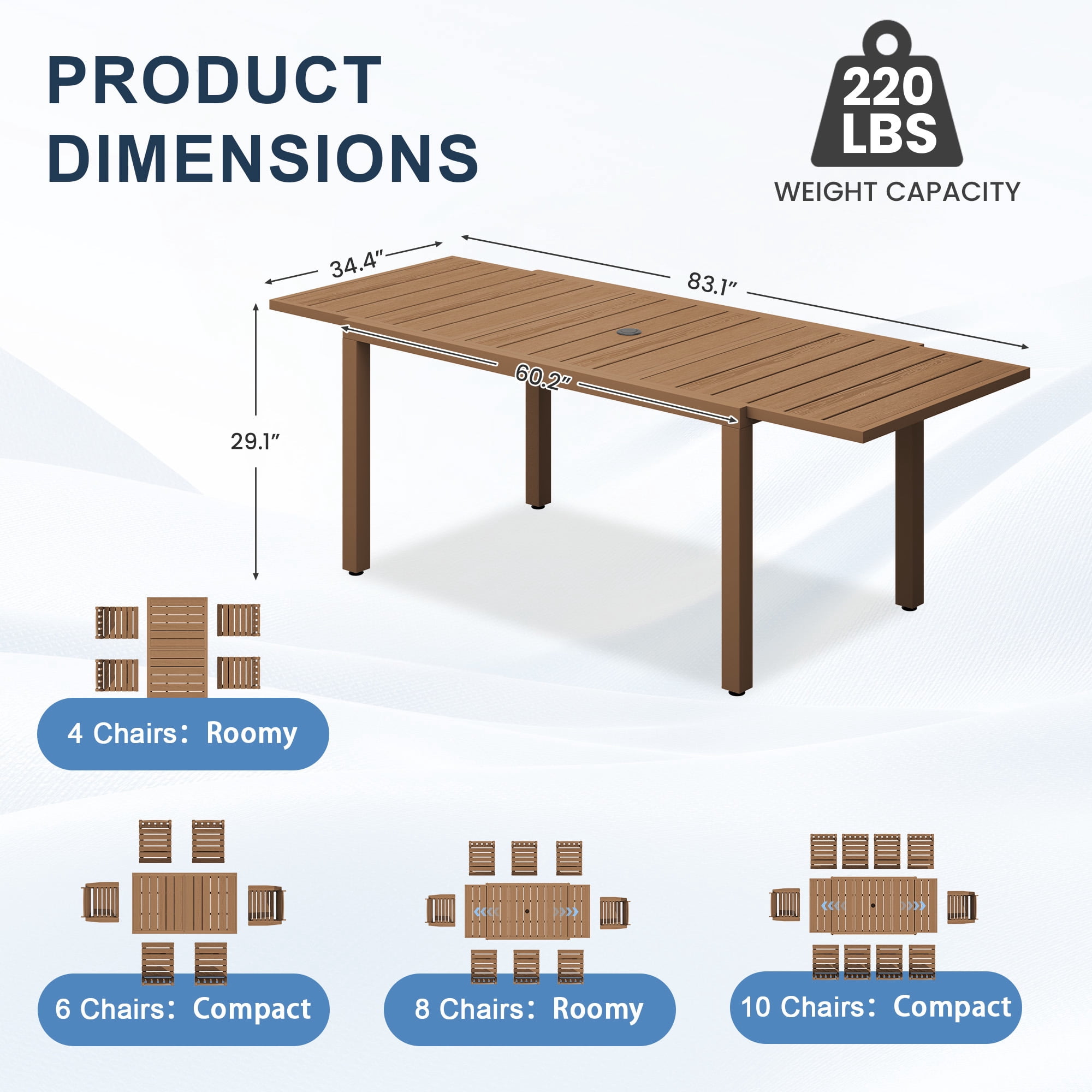 SERWALL 7-Piece Outdoor Dining Set with Expandable Patio Dining Table and 6 Chairs, 60–83 Inch All-Weather HDPE Patio Furniture Sets for Backyard, Garden, Deck, Poolside - Brown