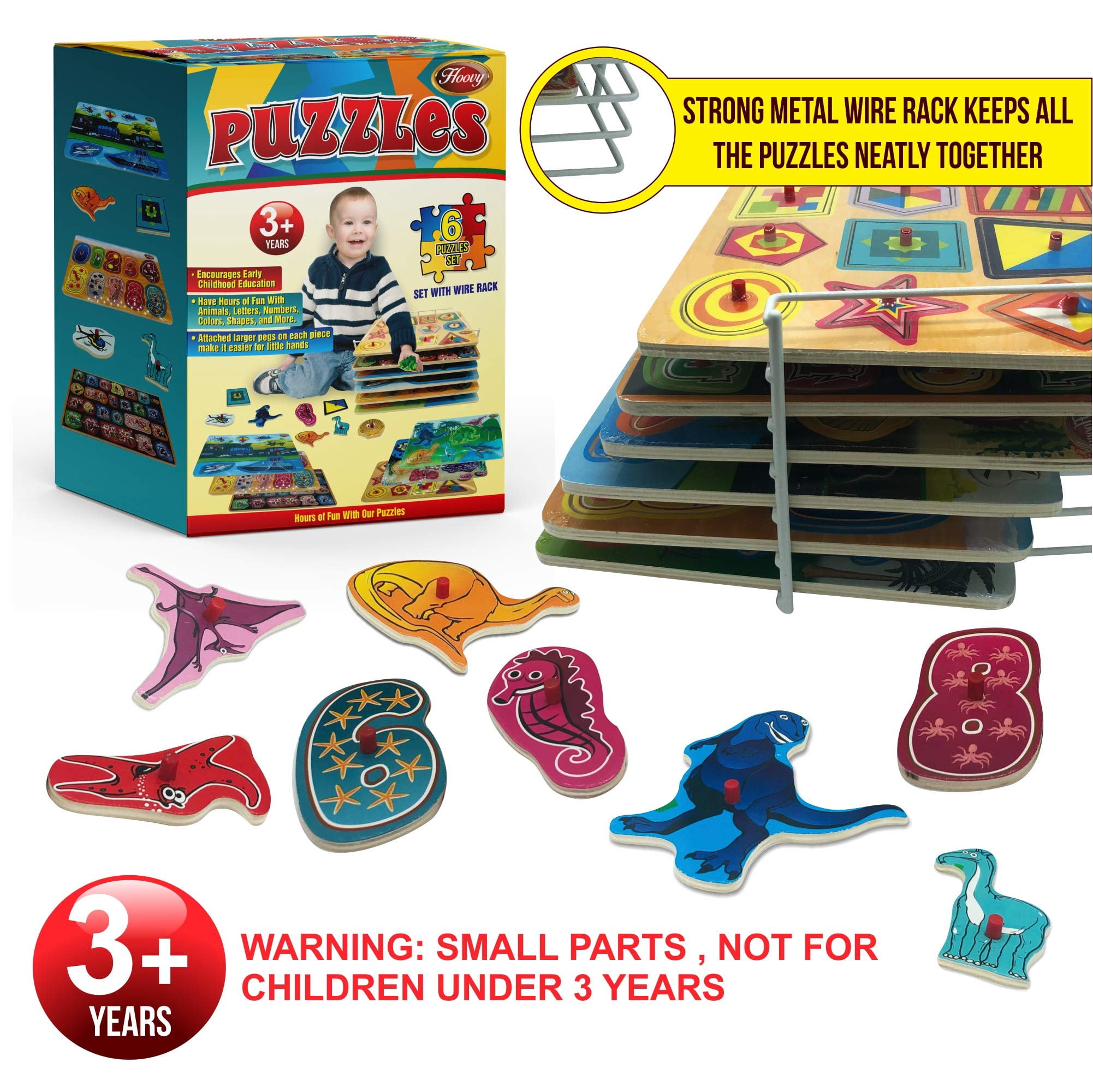 Hoovy Baby Peg Puzzle 6-in-1 Set - 6 Different Themed Educational Knob Puzzles - Alphabet, Numbers, Sea Life, Dinosaurs, Shapes & Vehicles - Bonus: Storage