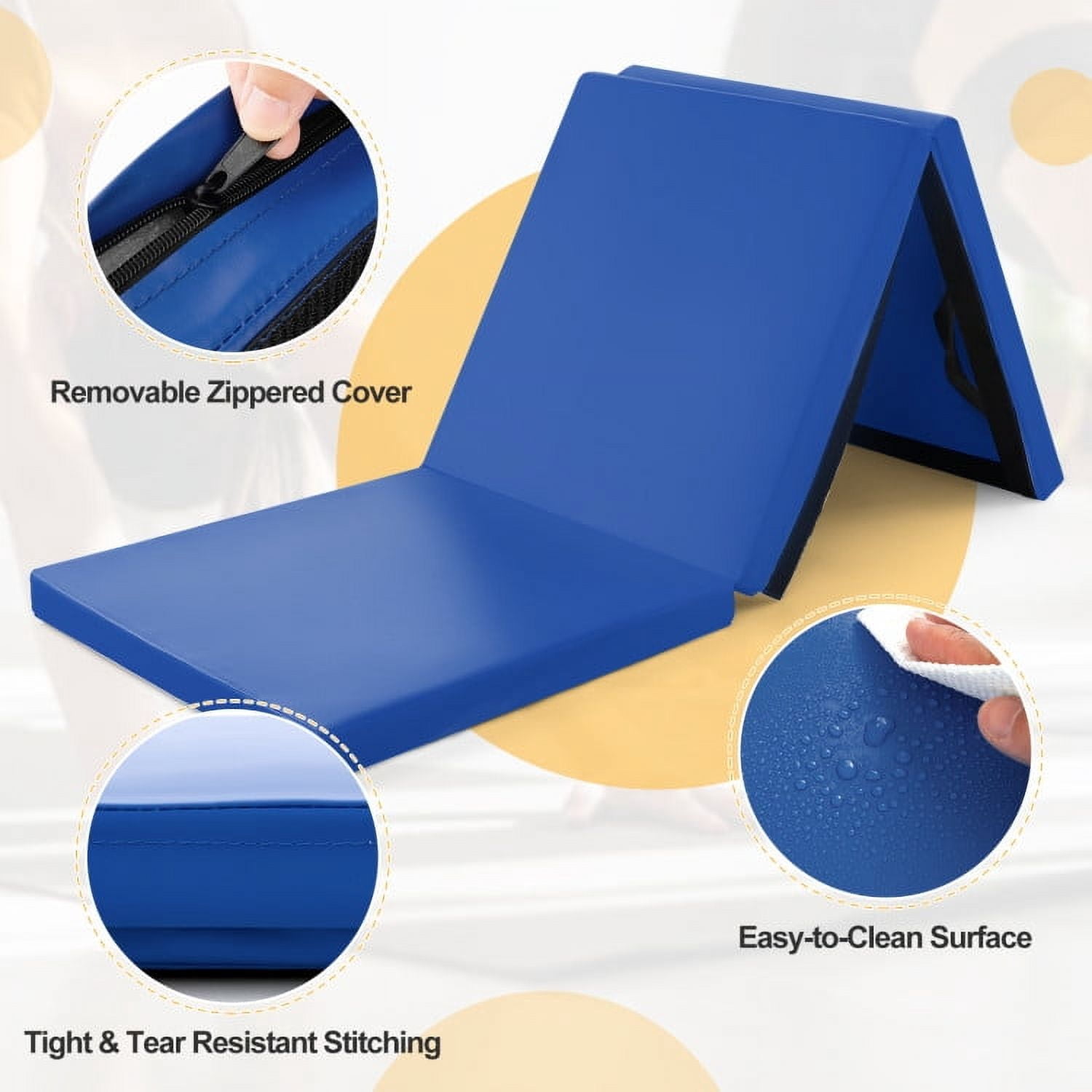 Resenkos Gymnastics Mat, Exercise Tumbling Mat,6 x 2 FT Tri-Fold Gym Mat with Handles and Removable Zippered Cover-Dark Blue