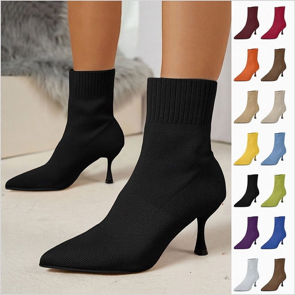 WAVSUF Women's Kitty Mid Heel Boots Arch Support Pointed Toe Anti Slip Fall Dress Trendy Boots Black 6
