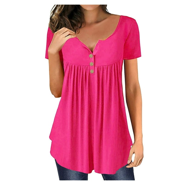 T Shirts For Women Women Casual Plus Size O-Neck Printed Loose Button Tunic T-Shirt Blouse Tops Womens T Shirts Hot Pink L -