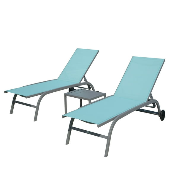 3 Pieces Patio Chaise Lounge Chair Sets Outdoor Beach Pool with Folding Table Lake Blue
