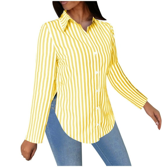 Dress Shirts for Women Trendy Long Sleeve Striped Lapel Collar Button Down Tunic Blouses with Side Split (XL, Yellow)