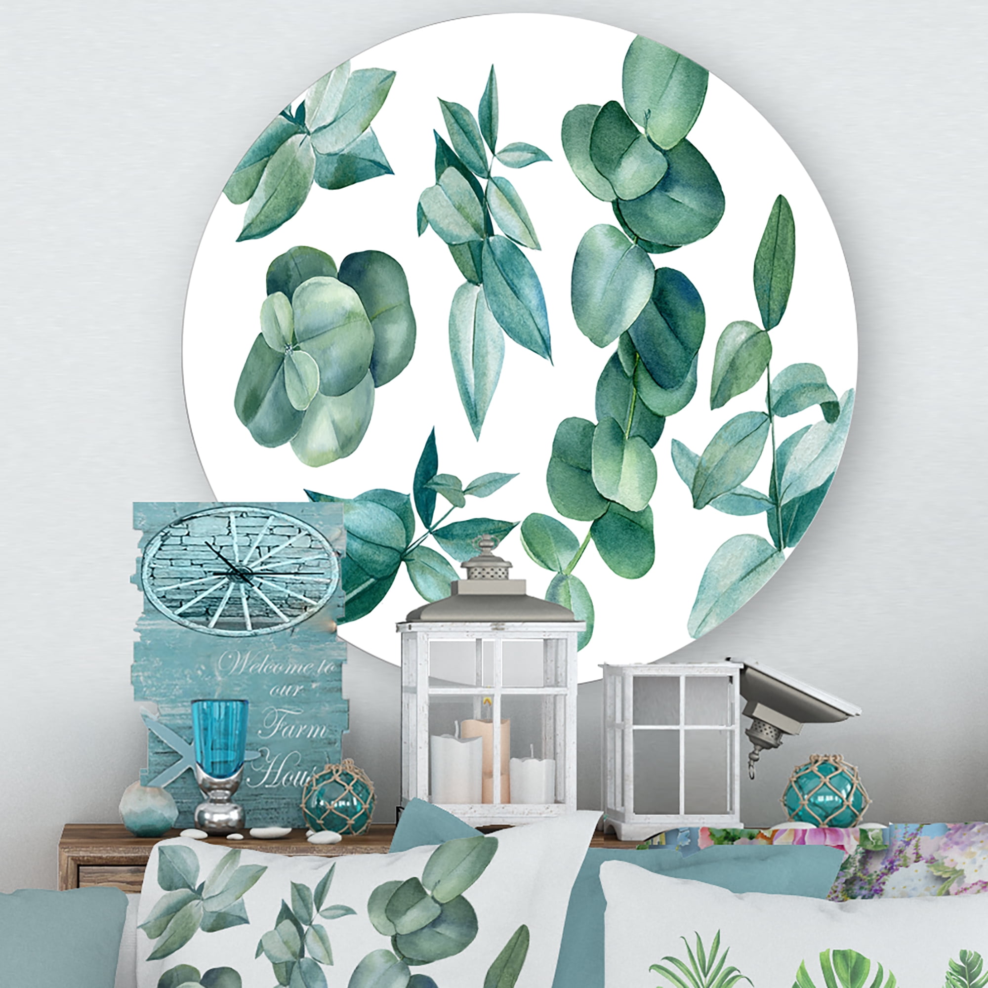 Designart 'Eucalyptus Leaves In Dark Green ' Traditional Circle Metal Wall Art 11x11 - Disc of 11