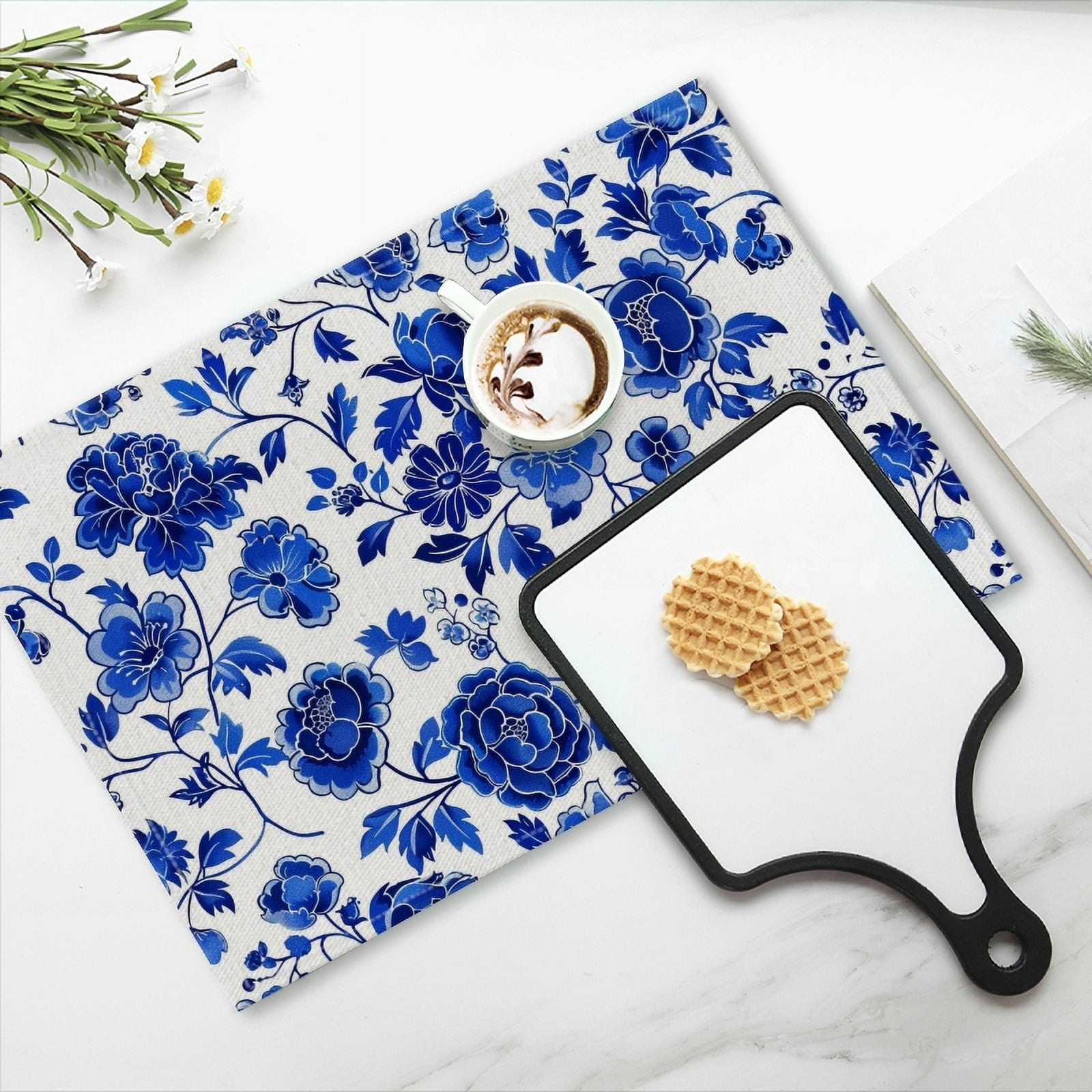 BaHomeck placemats Set of 4 Blue And White Porcelain Pattern In Blue Cotton Linen rectangle Placemats for Kitchen Dining Table Indoor,Outdoor,18*12inch