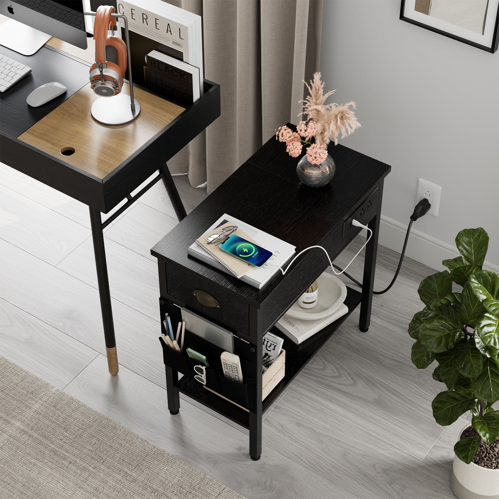 HA-EMORE End Table with Charging Station, Side Table and Night