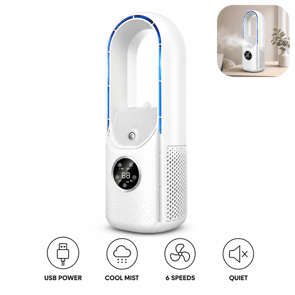 12.6-Inch USB Bladeless Desk Fan with Mist, Quiet 6-Speed Tower Fan