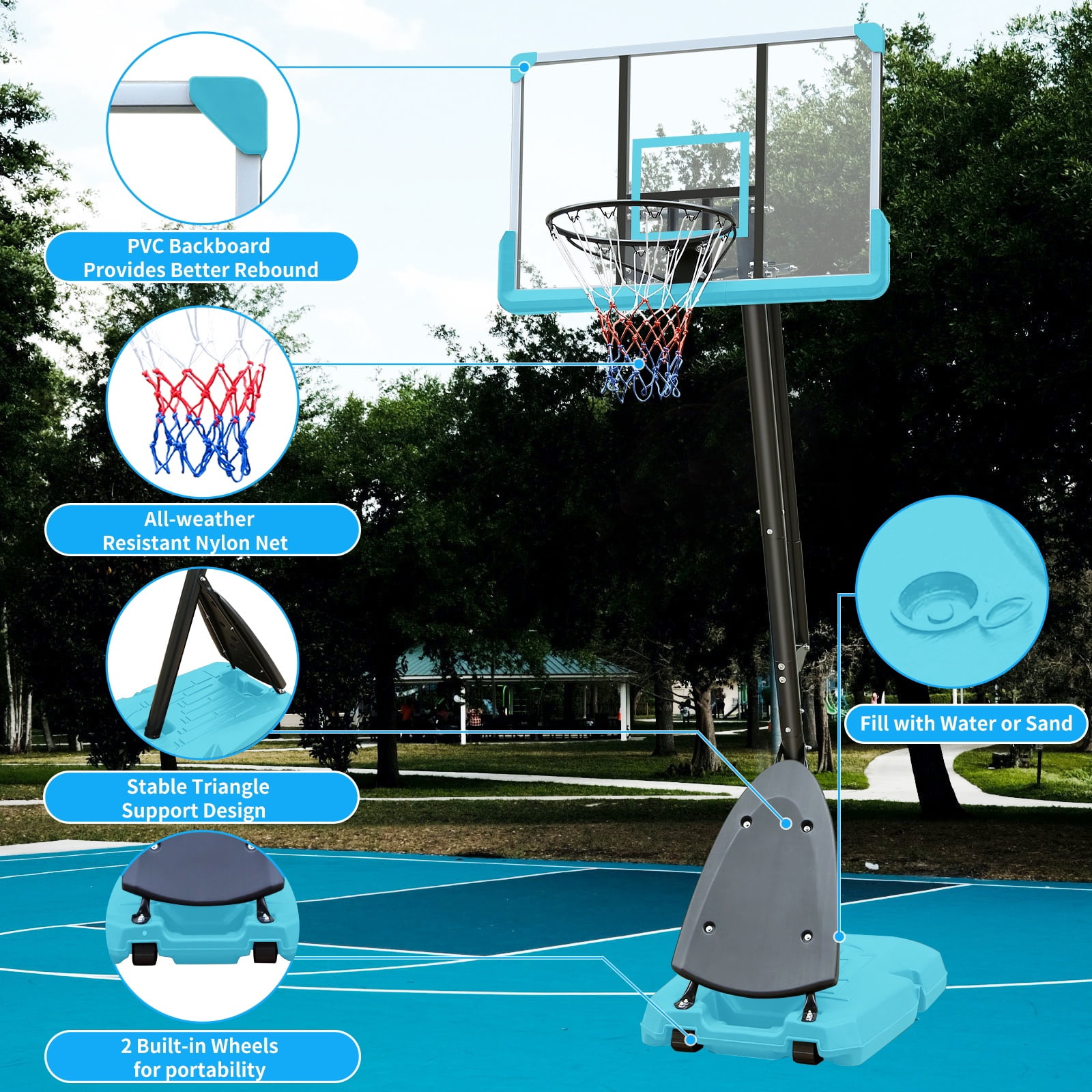 Portable Basketball Hoop Outdoor for Kids and Adults, 7.5-10ft Adjustable Basketball Hoop Goals Systems with Shatterproof Backboard, Larger Base, Segmart 44 inch Basketball Hoop for Backyard Court