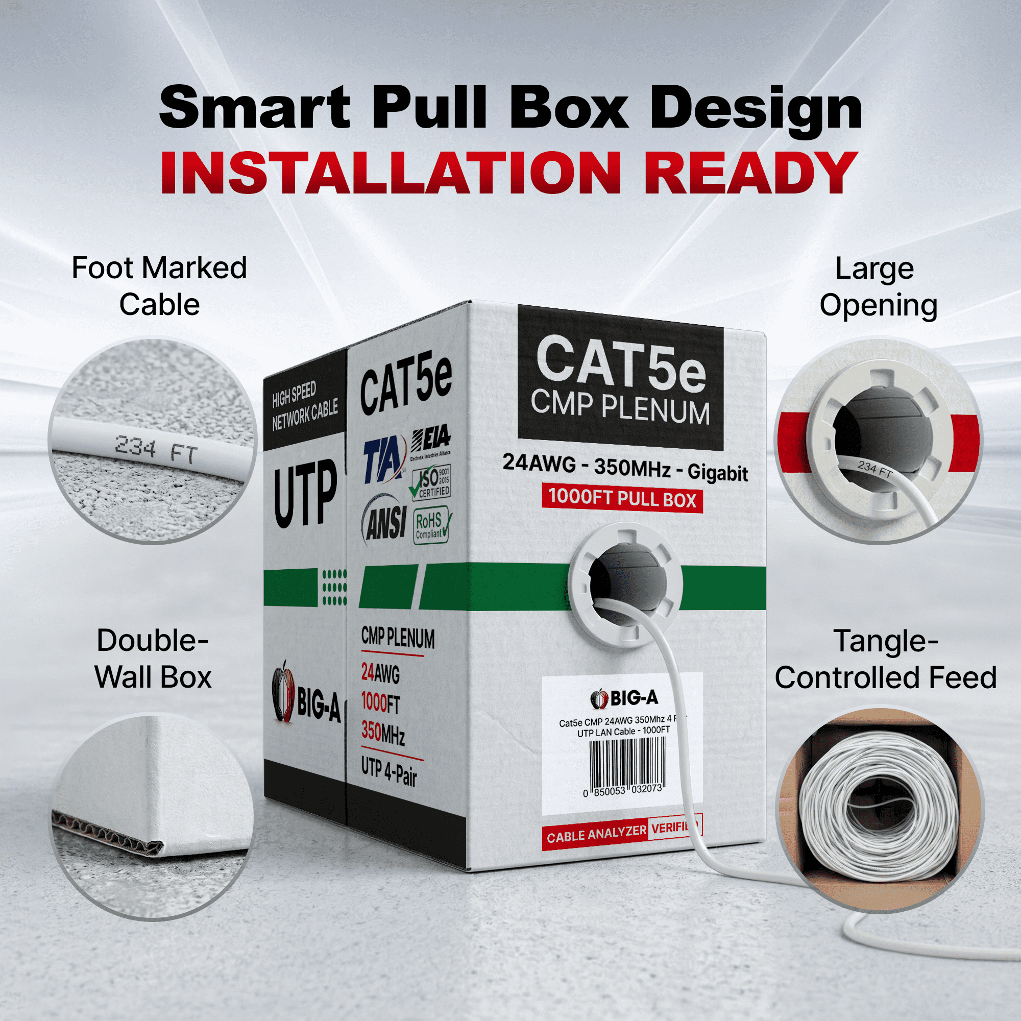 Big-A - 1000ft Cat5e Plenum Ethernet Cable, White, 350MHz, 24AWG UTP, CMP Rated, Solid Network LAN Cord, Compatible with Printer, Gaming Consoles, Router, VoIP Phones, POE IP Cameras