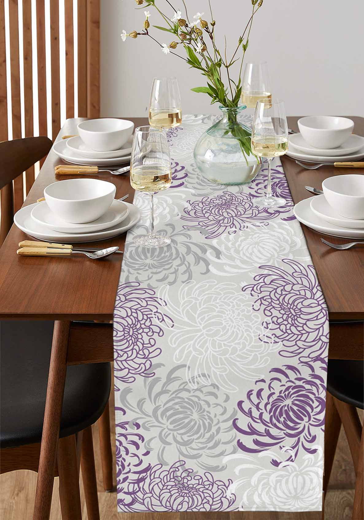 Table Runners 60 Inches Long Dress Scarves, Purple White Farmhouse Kitchen/Dining Table Runner, Small Coffee Tablerunners, Abstract Grey Chrysanthemum Flower Floral 13x60 Inch