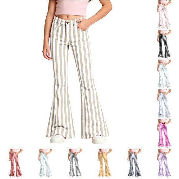 XAOFW Girls Back To School Flared Pants Elastic Waist Slim Fit Striped Wide Leg Trousers Uniform Pants For Girls Kids Versatile Bottom 5-6 Years