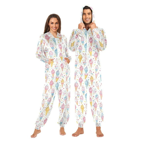 FORMRS Onesies Pajama for Adults Unisex Hoodie Winter Jumpsuit One Piece Sleepwear, Sizes S-2XL, Colorful Ice Cream Pattern