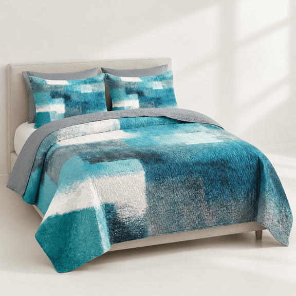 Quilt Set 2 Pieces Turquoise Grey Bedding Bedspread