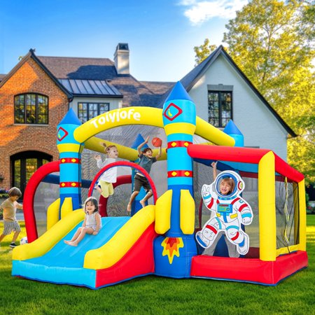 Toiyjofe Bounce House for Big Kids 8-12 Large Inflatable Bounce House with Soccer Goal Slide and Ball Pit Rocket Theme Bouncy Castle with 480W Blower Bounce Castle for Kids Outdoor Party