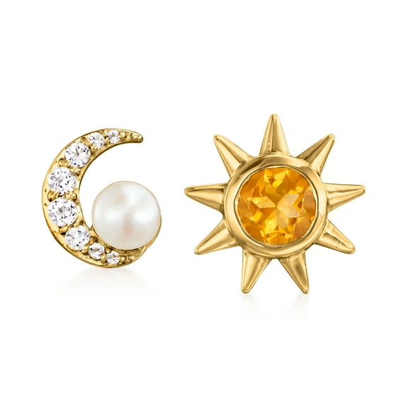 Ross-Simons 4mm Cultured Pearl and .60 ct. t.w. Multi-Gemstone Sun and Moon Mismatched Earrings in 18kt Gold Over Sterling, Women's, Adult