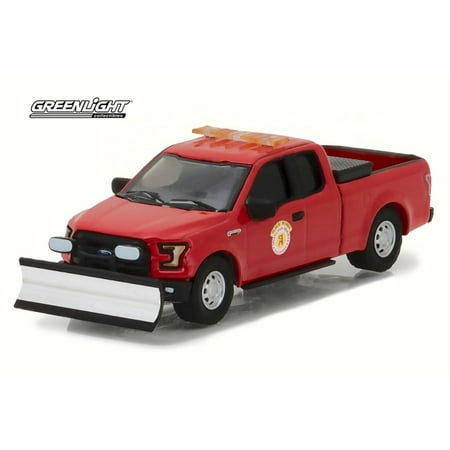 2016 Ford F-150 Pickup Truck Arlington Heights Illinois Public Works with Light Bar and Snow Plow Pickup Truck, Red - Greenlight 29912 - 1/64 Scale Diecast Model Toy