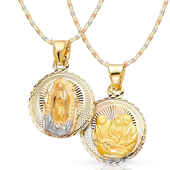 14K Tri Color Gold Diamond Cut Double Side Stamp Virgin Mary Baptism Charm Pendant with 1.5mm Valentino Chain Necklace