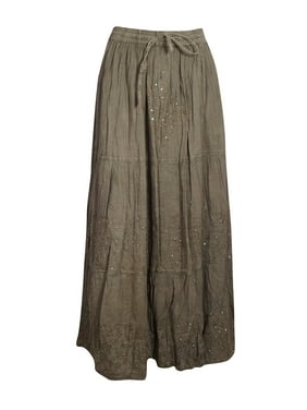 Mogul Women Maxi Skirt Handmade Brown Embroidered Spring Long Flared Skirts S/M