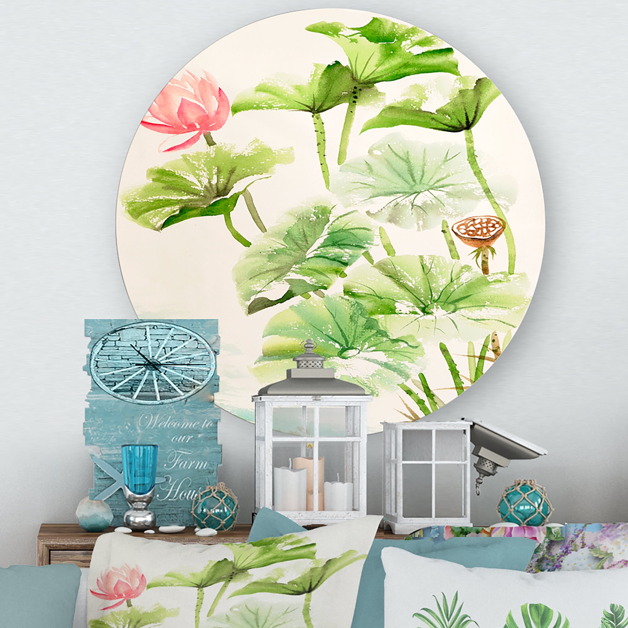 Designart 'Ancient Pink Lotuses In The Pond IV' Traditional Circle Metal Wall Art 23x23 - Disc of 23