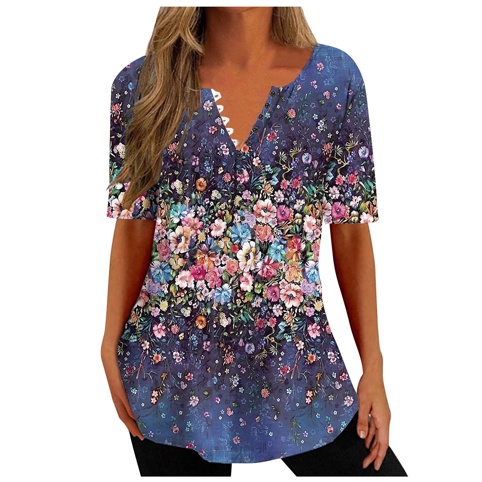 Stamzod Western Tops for Women Fashion V-neck Print Casual Loose Short  Sleeve Top Short Sleeve V-neck Top/Shirt Clearance 