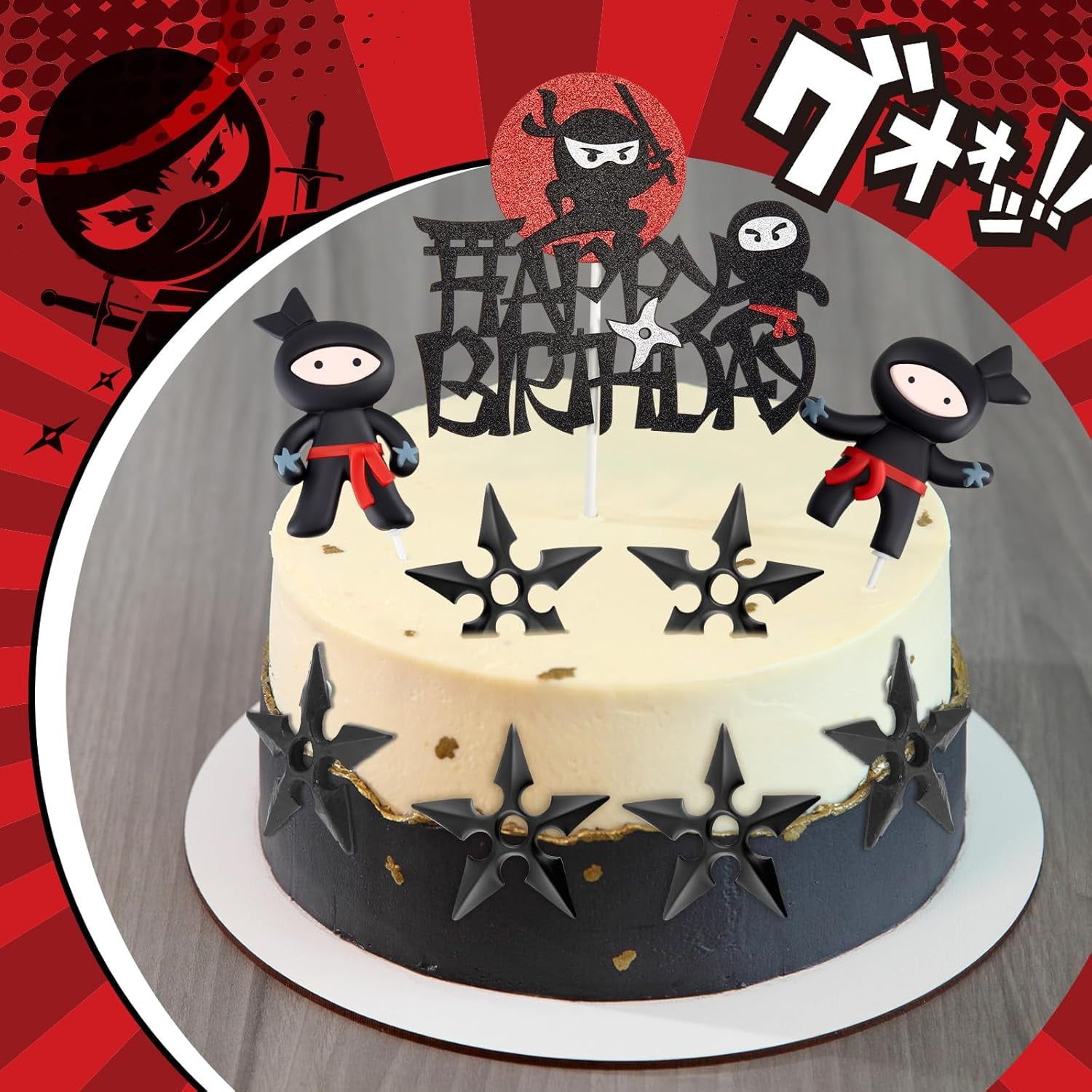 9 Pcs Ninja Happy Birthday Cake Toppers Black Red Glitter for Ninja Theme Birthday Party Karate Kung Fu Warriors Cake Decorations Supplies