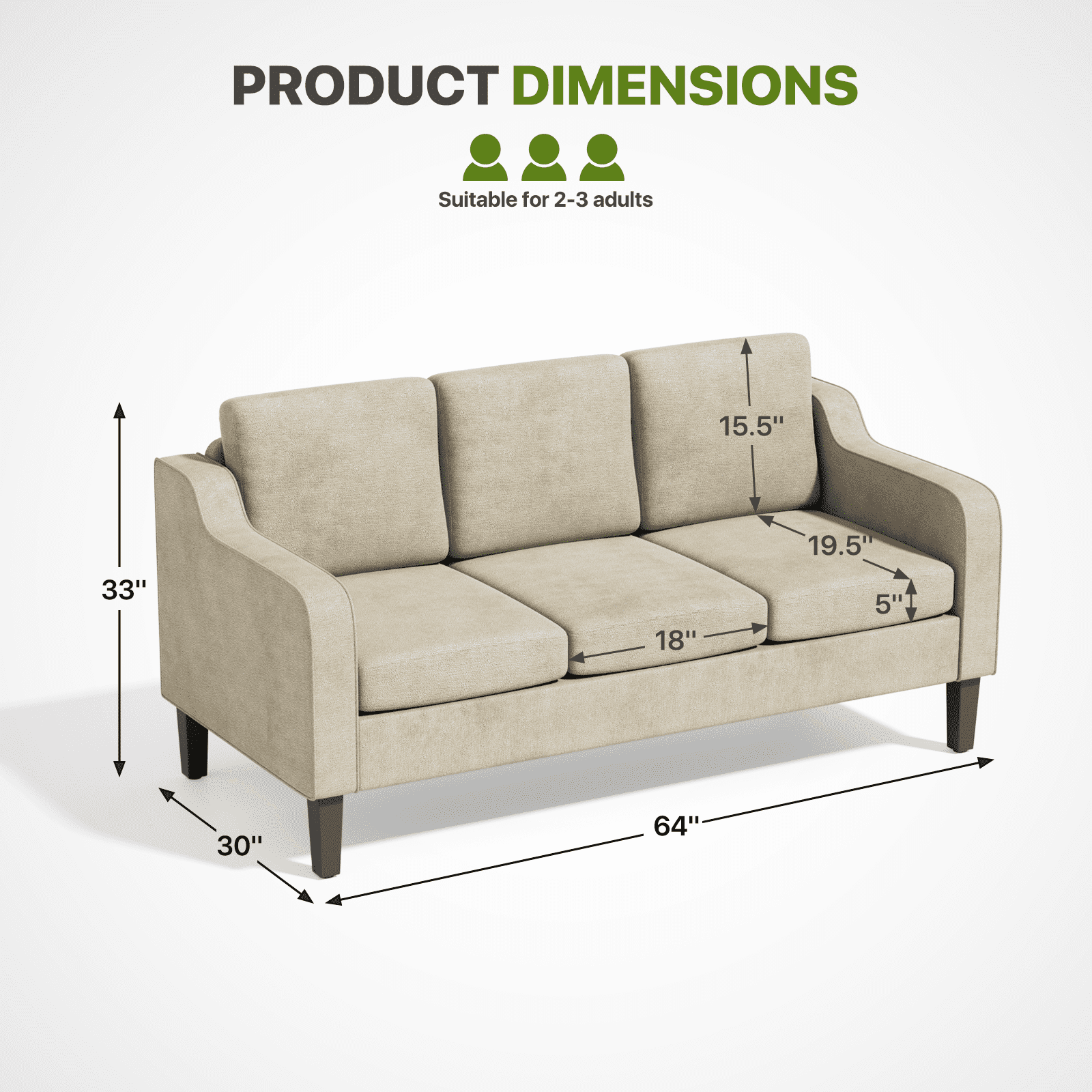 OSM 64" Apartment Sofa for Small Spaces, 3-Seater Couch with Removable Cushions & Wooden Legs, 600 lb Capacity Compact Modern Sofa Bed, Living Room, Bedroom, Beige