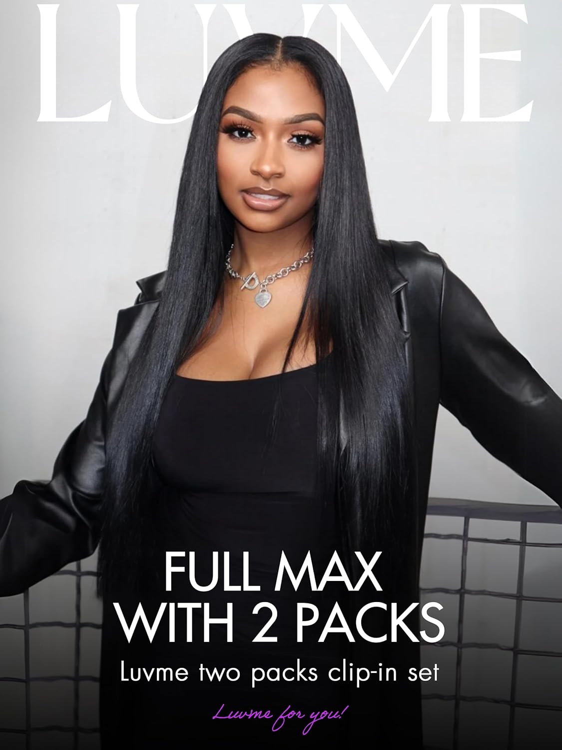 LUVME Clip in 14" Human Hair Extensions Full Max with 2 Pack Natural Black Seamless for Women