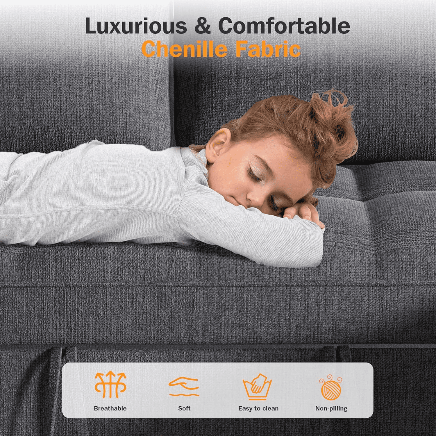 Sunny Heart Modular U - Shaped Chenille Sleeper Sofa with Pull - Out Bed, USB Ports, Adjustable Backrest & 2 Storage Seats, Tool - Free Assembly, Dark Grey for Living Room