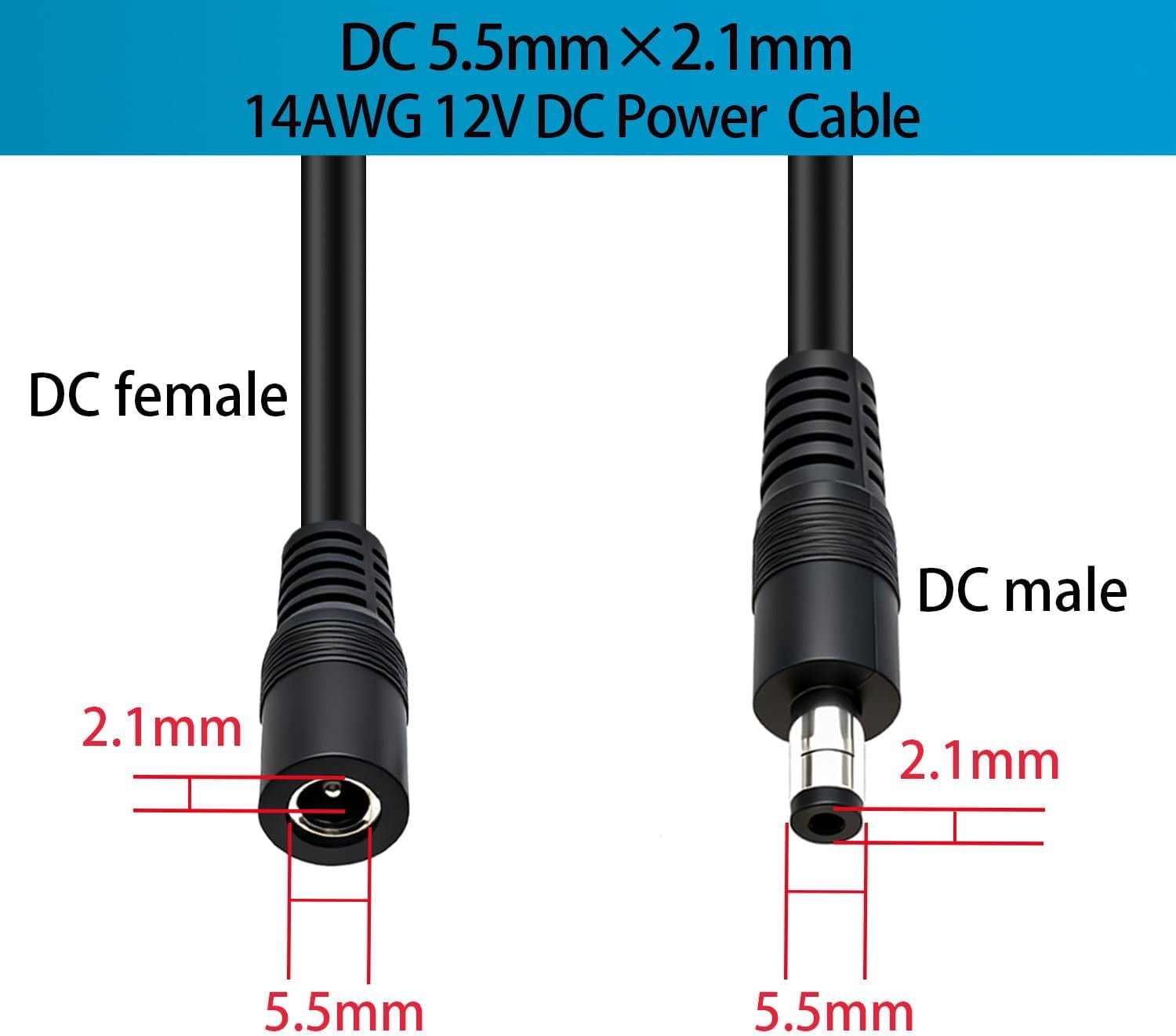 JJEAN-2-Pcs 6.6ft DC 5.5mm x 2.1mm Male to Female Power Extension Cable, 14AWG 12V 24V DC Power Cord for CCTV Camera,Solar Monitor, Solar Panels