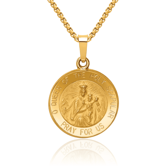 14K Solid Yellow Gold Queen of Holy Scapular Reversible Medal Necklace Chain Pendant Charm