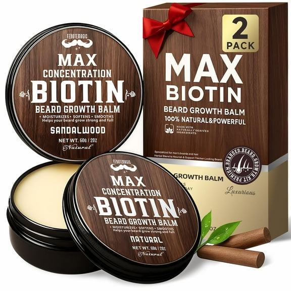 Premium Biotin Beard Care Kit: 2 Balms in Natural & Sandalwood | Non-Itchy Formula for Men, Moisturizes & Strengthens to Shape and Tame Beard | Grooming Gift Set for Him