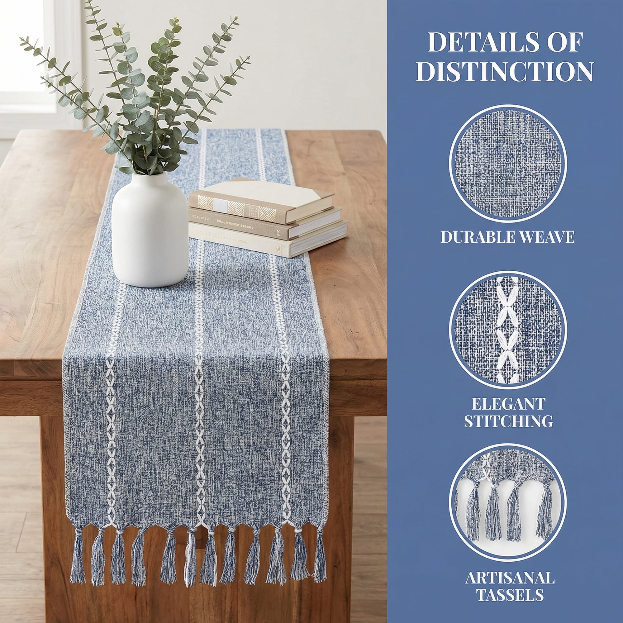 Unique Bargains Washable Polyester Kitchen Runner with Tassel for Dining Blue 13"x89.8"