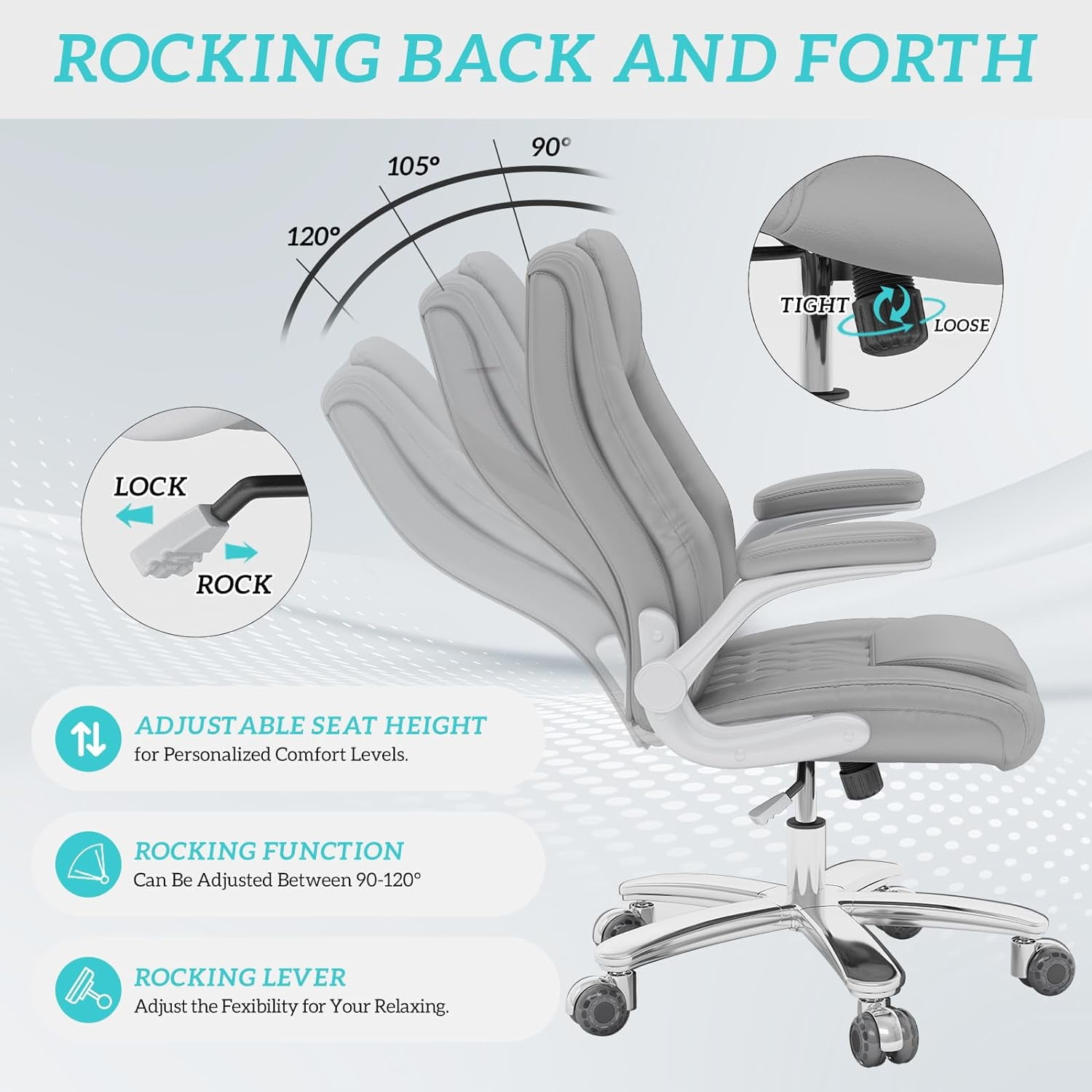 Genpo Big and Tall Office Chair 400 lbs, High Back PU Leather Executive Office Chair with Lumbar Support and Rubber Wheels, Flip-up Armrests Computer Desk Chairs, Gray