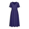 thumbnail image 4 of Summer Womens Dress Fashion Casual Solid Color V-Neck Short Sleeve Loose Knee-Length Midi Dress, 4 of 8