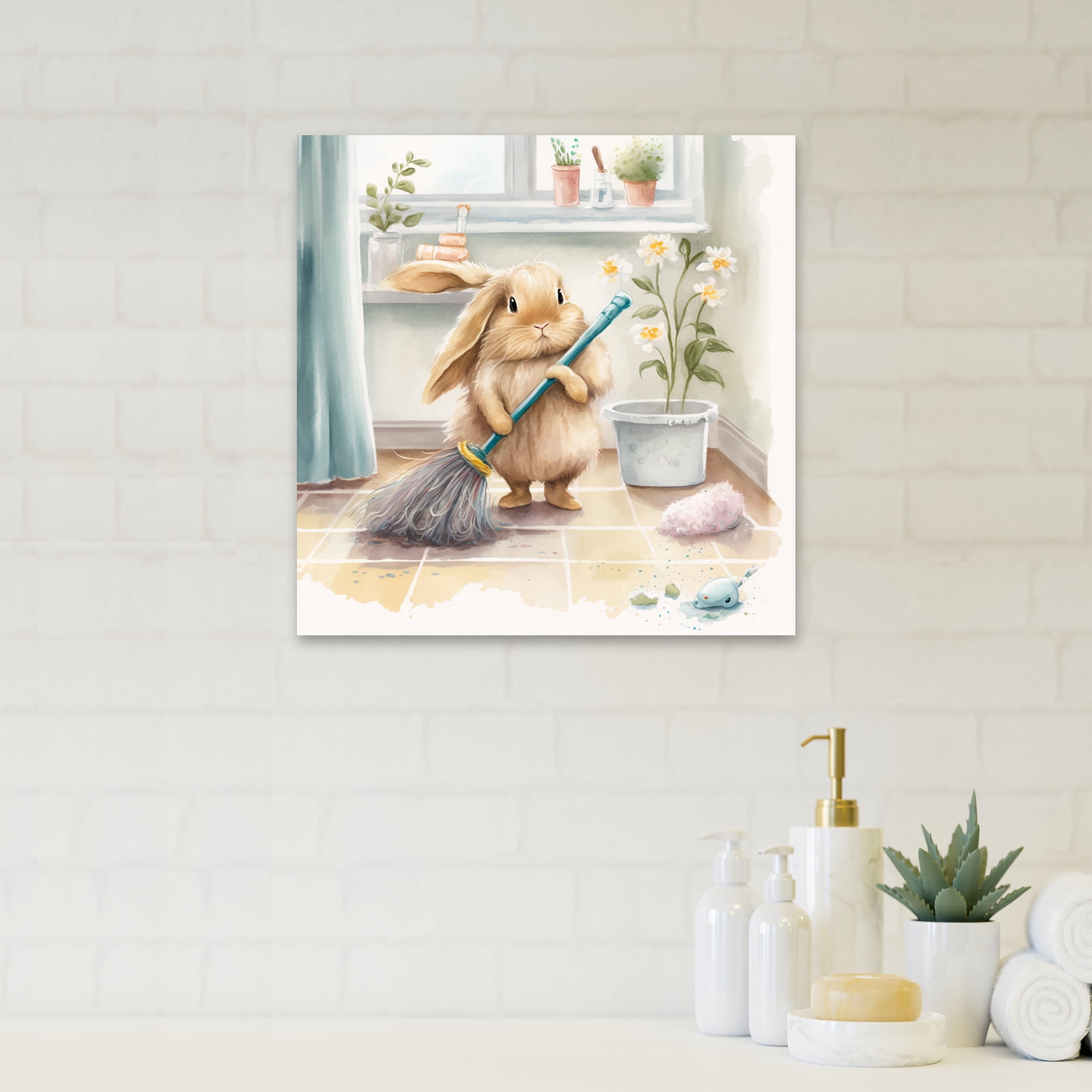Designart Bunny Cleaning Bathroom IV Canvas Wall Art