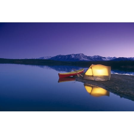 Lighted Tent & Canoe Byers Lake Tokosha Mts Sc Ak Evening Summer