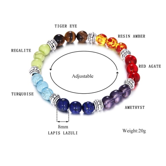 DLMJING Reiki Ancient Silver Natural Stone Agate Tiger Seven Color Crystal Bracelet Seven Chakras Yoga Bracelet
