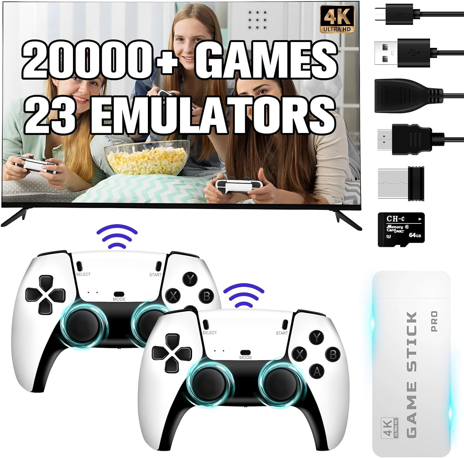 Retro Game Console, 64G 20000+ Games Nostalgic Game Stick, 4K HD Output, Retro Games TV Stick with 23 Emulators, Dual 2.4G Wireless Controllers, Nostalgic Gift for Family, Friends, and Children