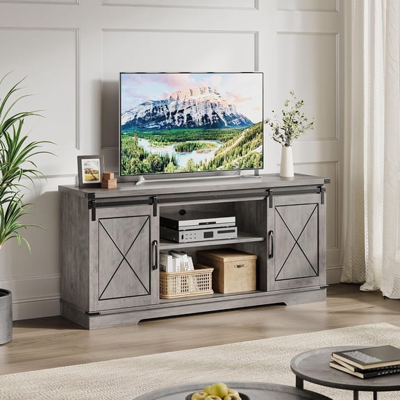 59" Farmhouse TV Stand for Televisions Up to 65" TVs, Entertainment Center with Sliding Barn Doors and Storage Cabinets, Modern TV Console Table, Media Furniture for Living Room, Bedroom