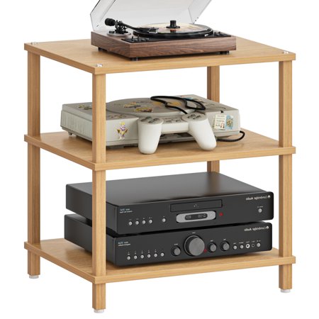 3-layer AV media Stand Vinyl Storage Cabinet Furniture-Stereo Stand & Game Console Stand Wooden Record Player Stand Audio Stand Natural Oak