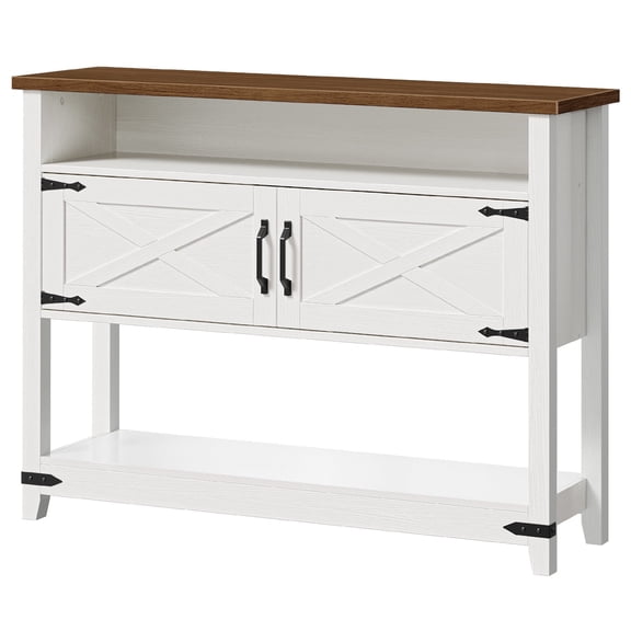 Farmhouse Entryway Table with Storage, 47.2" Long Console Table for Entryway, White Sofa Table with Doors and Cabinets, Narrow Sofa Table Behind Couch, for Hallway, Foyer, White and Walnut WH12XG01