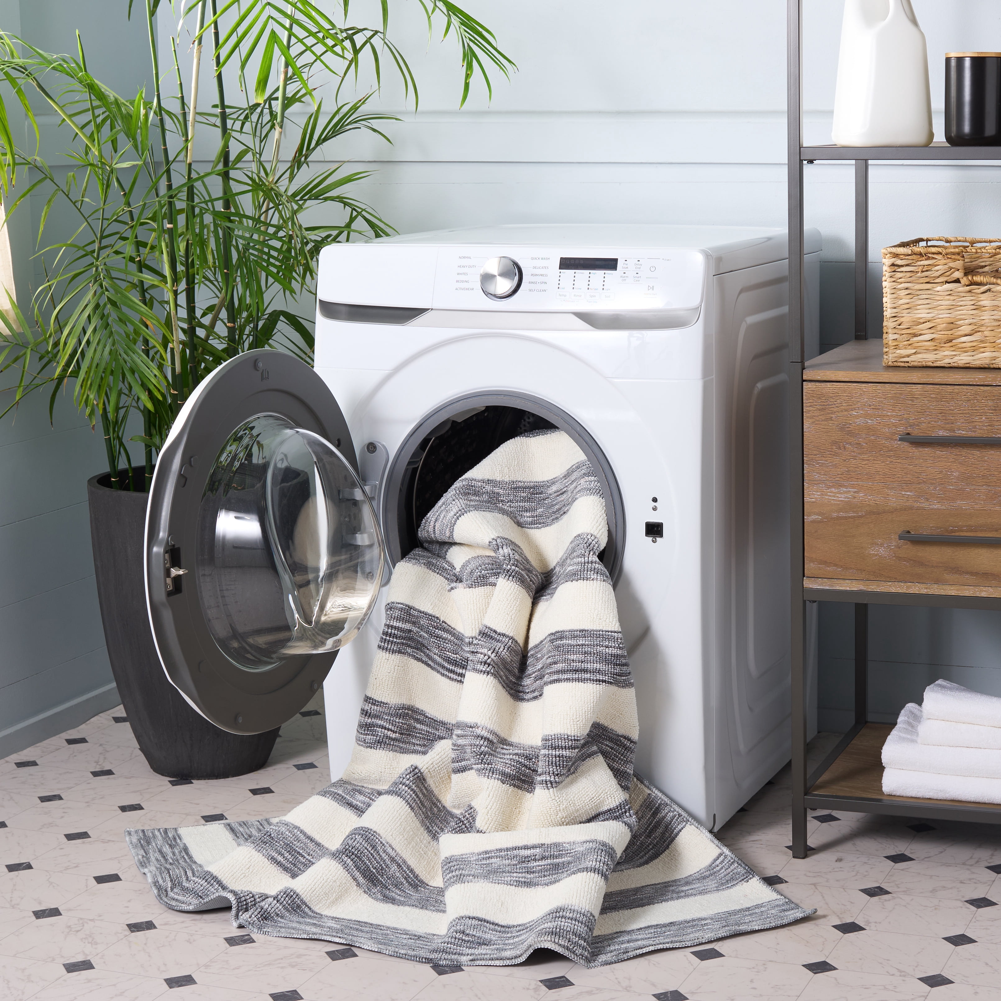 Safavieh Easy Care Fergal Striped Polyester Machine Washable Area Rug, Dark Gray/Ivory, 4' x 6'