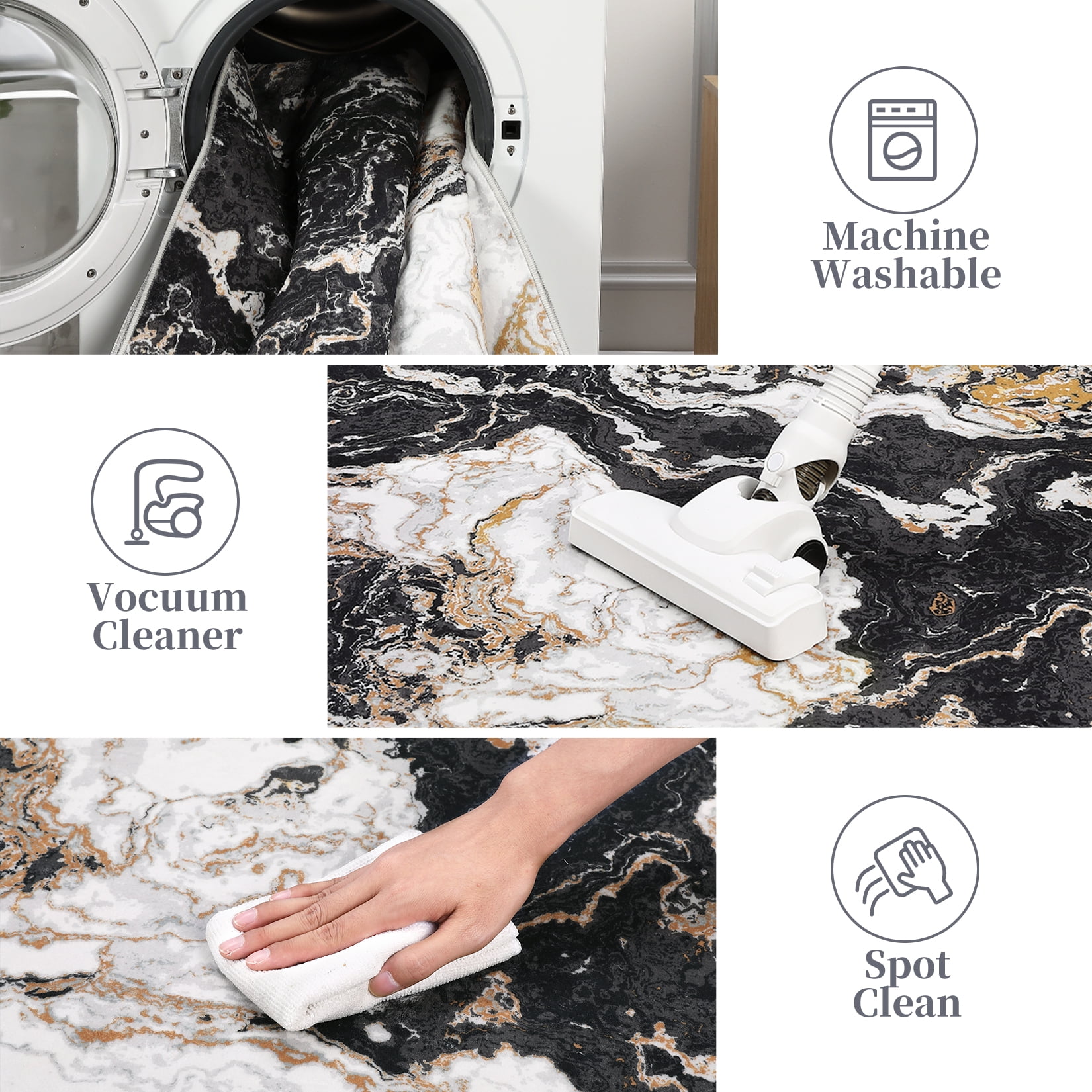 Modern Abstract Marble Print Area Rug 4' x 6'– Soft, Washable, Non-Slip & Non-Shedding(Black)