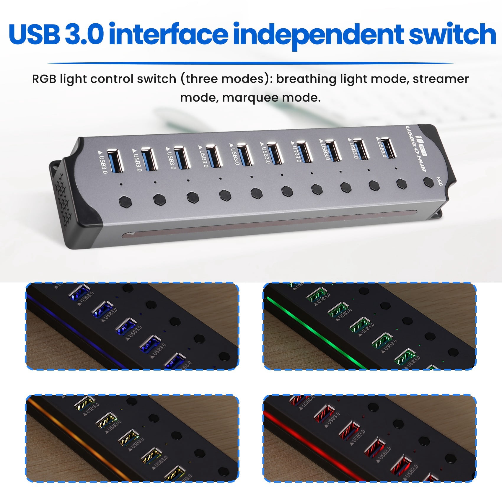 10 in 1 Powered USB HUB 10 Ports USB Adapter USB Splitter USB 3.0 Interface Individual Switch RGB E-Marker Heat Design,1 x 10 in 1 Powered USB HUB,Photo Color