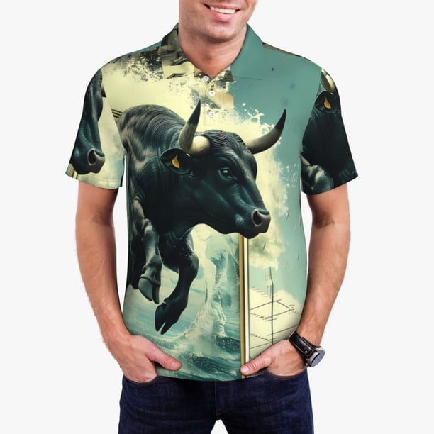 Balery Bull Charging Through Waves Camisa Polo de Hombre con Estampado, de Manga Corta y Tejido Medio, Camisa Tipo Golf Polo-Medium